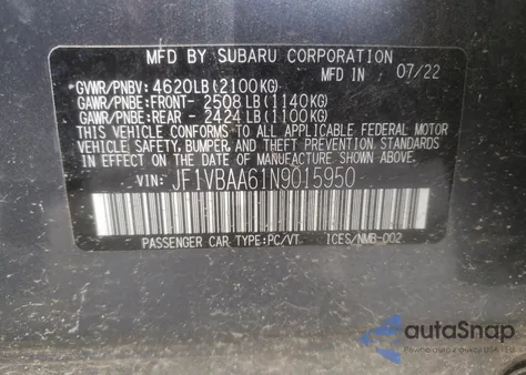 2022 Subaru Wrx from USA, damaged, VIN JF1VBAA61N9015950